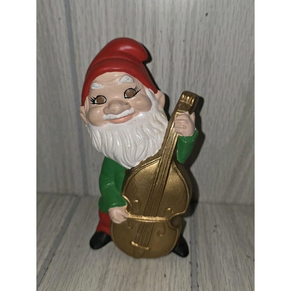 Vintage Christmas Gnome Elf Playing Bass Guitar Instrument Hand Painted Kitschy